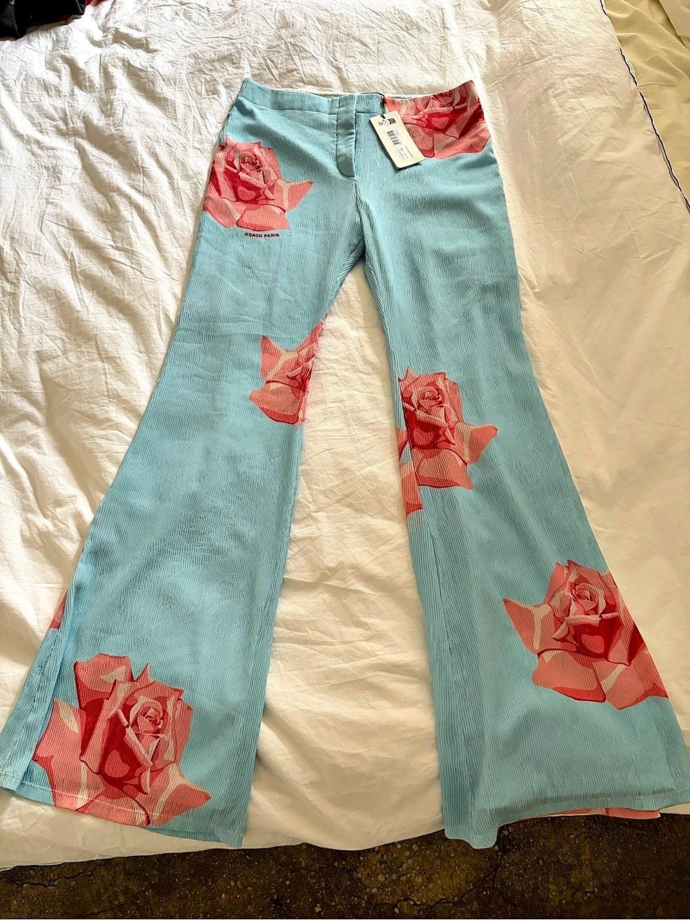 Kenzo Rose Print Crepe Floral Wide Leg Blue & Pink